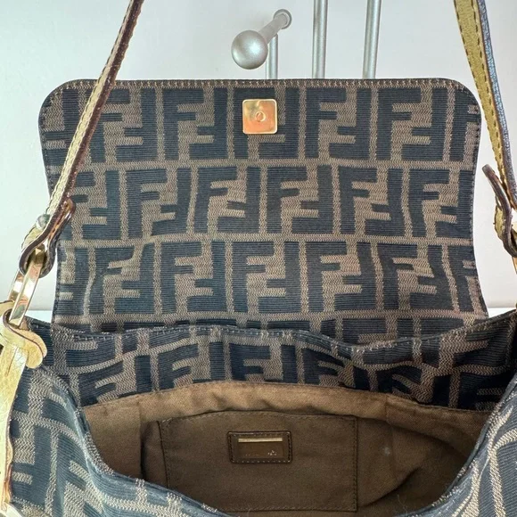 Fendi Chef Brown and Black Zucca Logo Shoulder Bag with Gold Charm